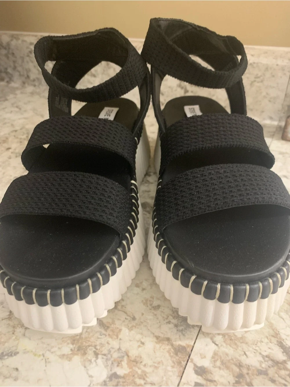 Steve Madden Black Elastic Strappy Platform Sandals with White Ribbed Sole
